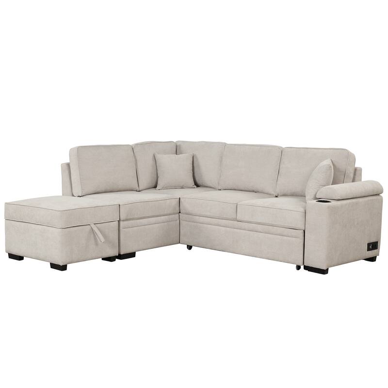 Modern 2 in 1 Pull Out sofa bed L Shape Couch with Storage Ottoman