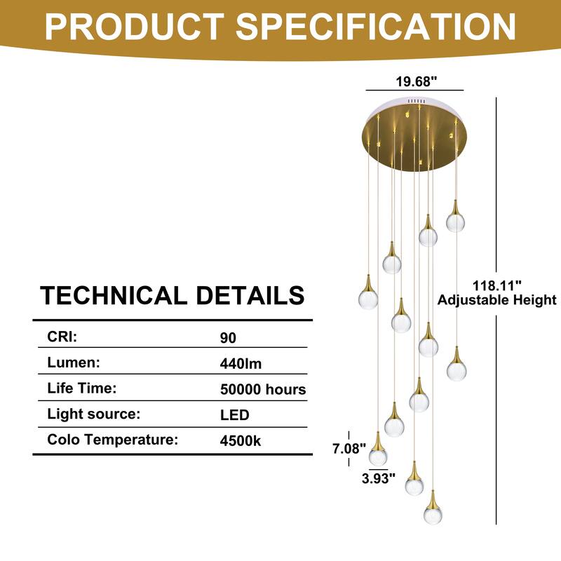 Starsky Modern 12-Light Cluster Raindrop Chandelier Stair Entryway Cluster Light for High Ceiling - Gold