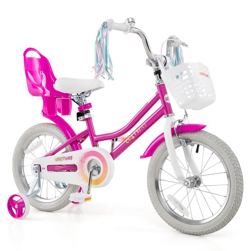 Costway 16" Kids Bicycle with Basket Doll Seat Colorful Streamers - See Details - 16" Pink