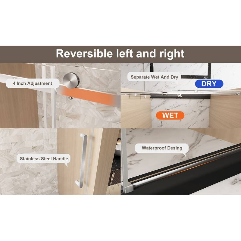 GDFStudio - Rowan Frameless Single-Sliding Shower Door for Tall Modern Bath Layouts - 60 "W x 76" H