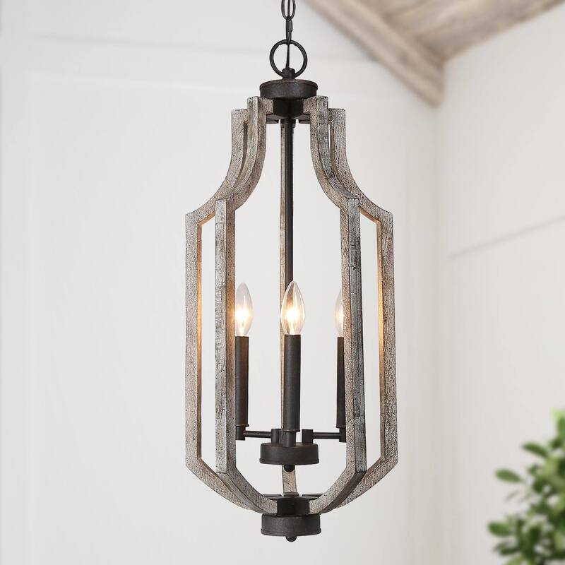 Modern Farmhouse 3-Light Wood Chandelier Lantern Island Lights for Dining Room - 12.5" W X 27" H