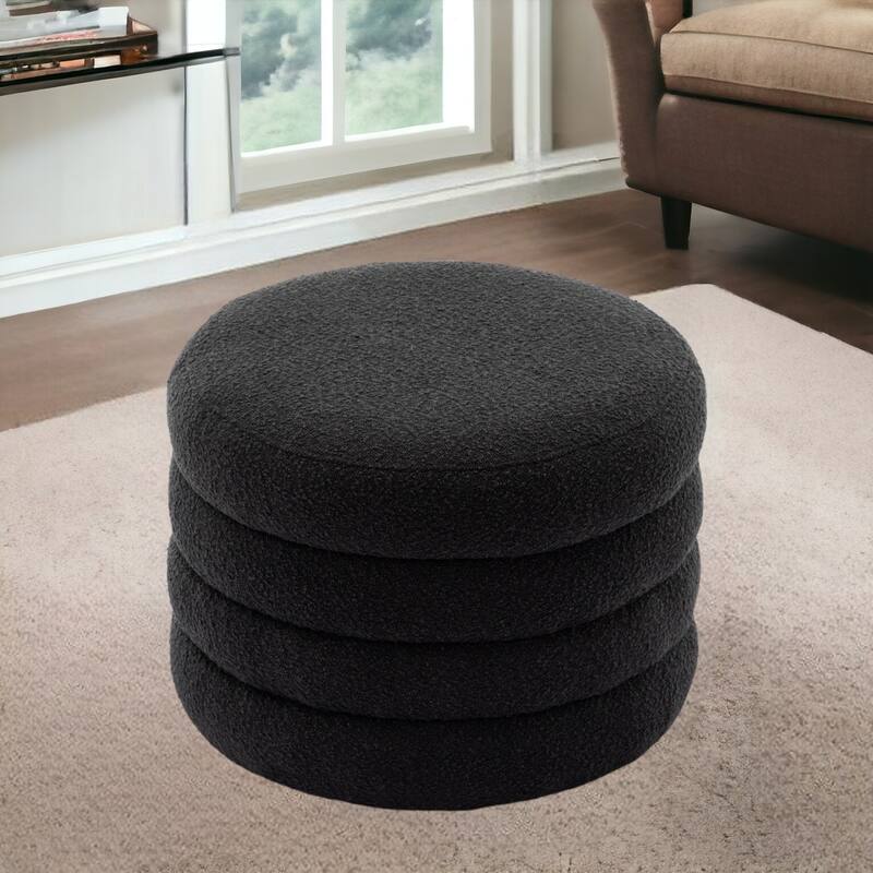 24'' L Upholstered Round Storage Ottoman Footstool - Boucle-Black