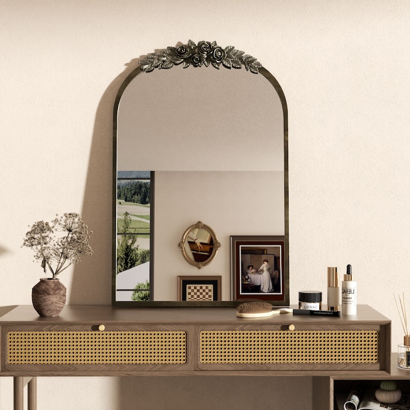 Antique Brass Arched Mirror Decorative Bathroom Mirrors Metal Frame - 24"X36"