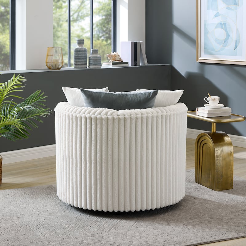 Off White Modern 35" Corduroy Upholstered Barrel Chair with Easy Moving Wheels and Pillows