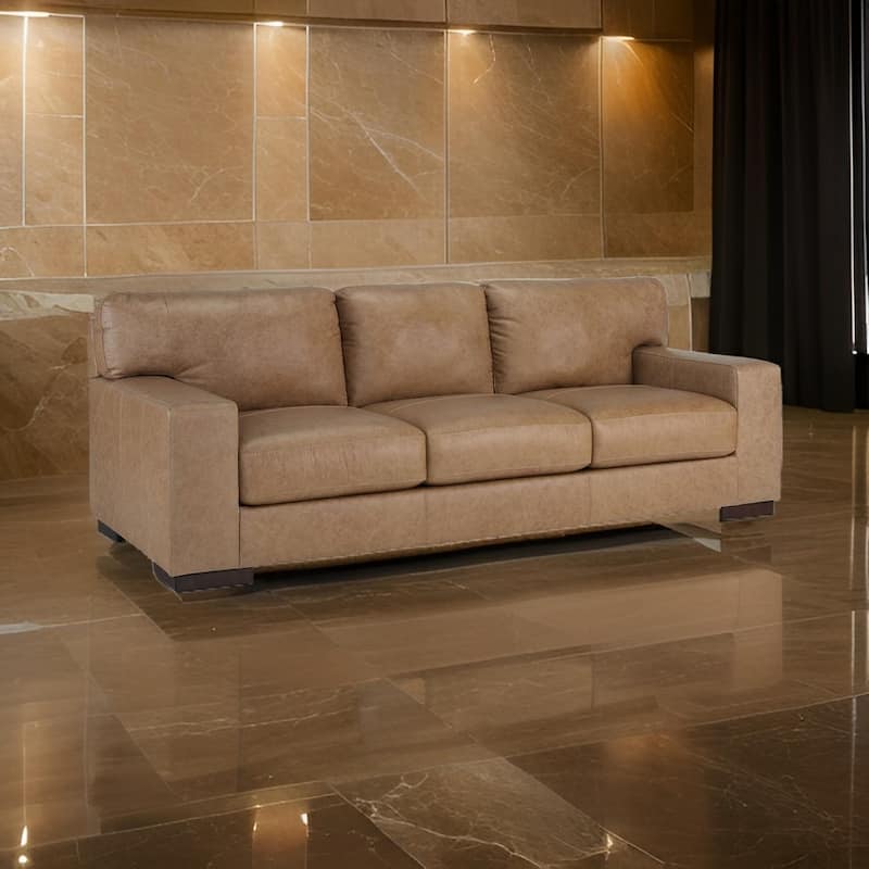 Aida 96 Inch Sofa, Oversized Attached Back Cushions, Plush Brown Leather