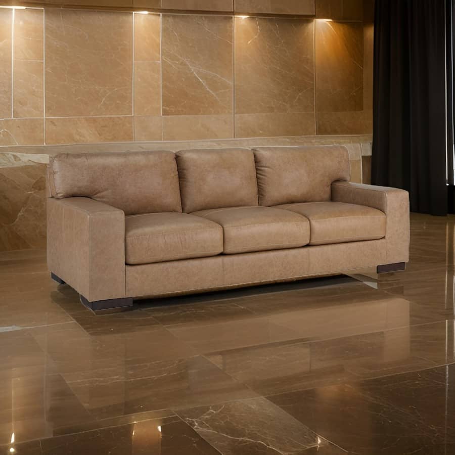 Aida 96 Inch Sofa, Oversized Attached Back Cushions, Plush Brown Leather