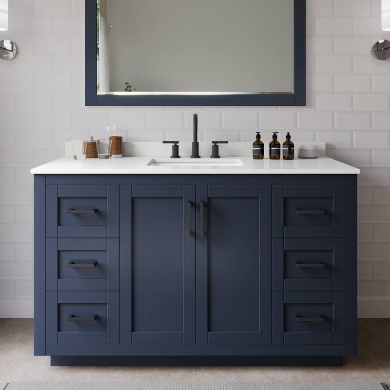 Wyndham Collection WCF292954S-QTZ-US3MXX Miranda 54" Free Standing - Dark Blue / White Quartz Top / Matte Black