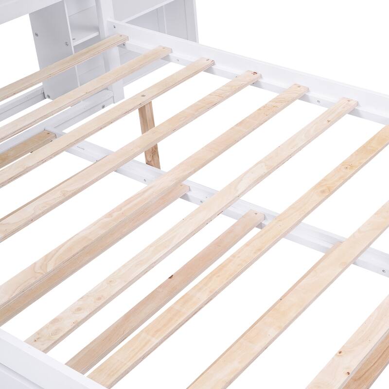 White Full Size Storage Platform Bed with Pull-Out Shelves and Twin Trundle