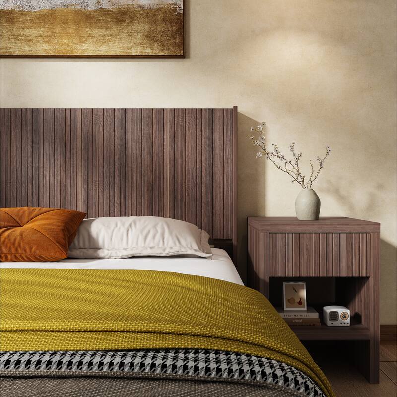 Modern Farmhouse Queen Wood Headboard, Walnut Finish, Wall Mounted with 3D Carving Design