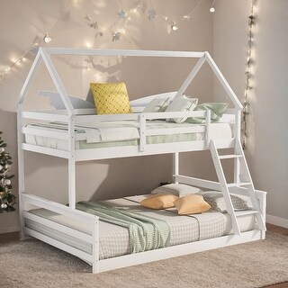 Wood Twin over Full House Bunk Bed Kids Bed with Built-in Ladder, White