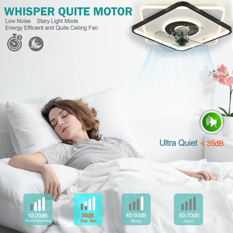 Oaks Aura 20in. Square Low Profile Ceiling Fan with Light, Flush Mount Remote Control Ceiling Fan for Bedroom - Black