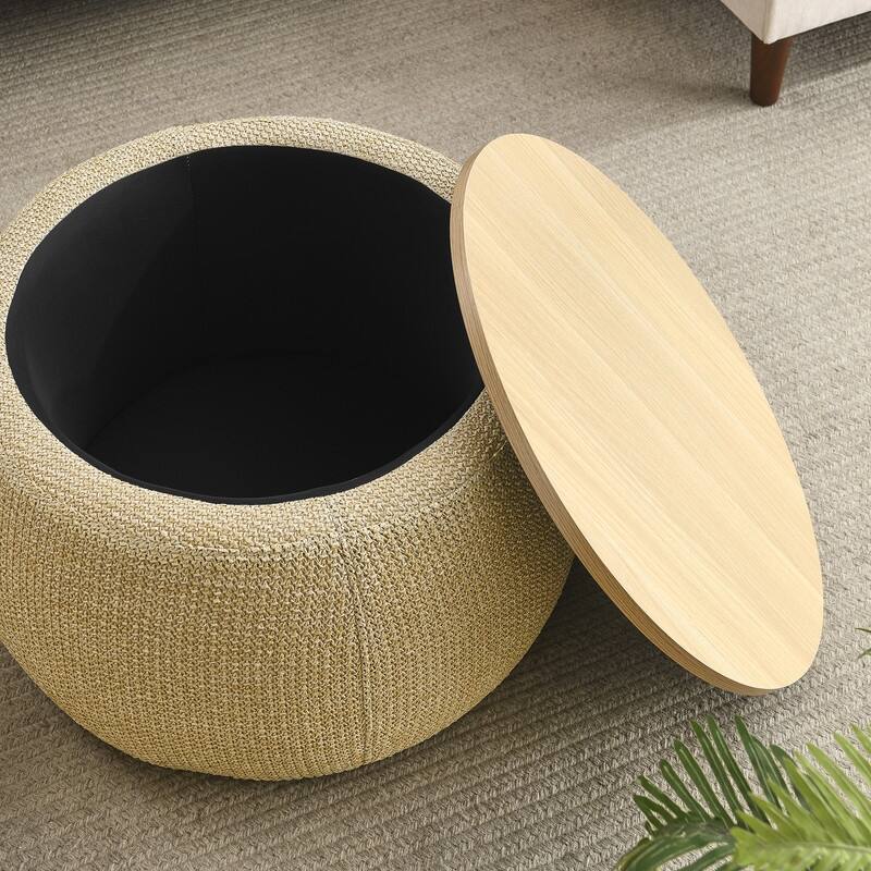 Round storage Ottoman, 3-in-1 features Ottoman coffee table, handmade end table
