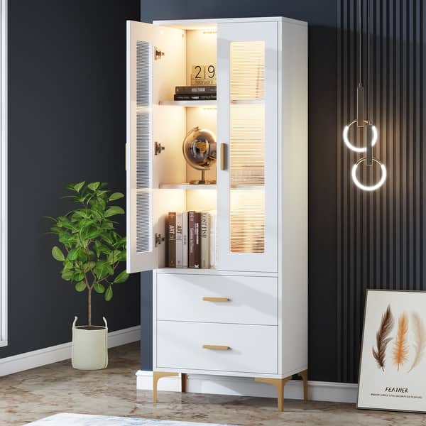 Bookcase with Doors and LED Light, White Bookshelf with Frosted Doors and 2 Drawers On Sale
