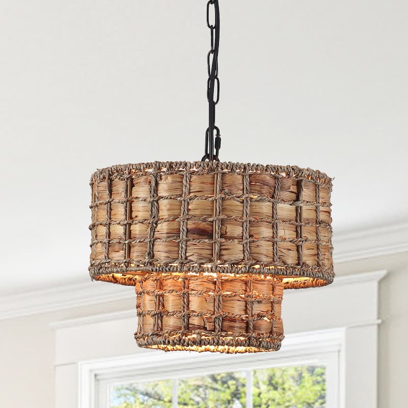1-Light Farmhouse 2-Tier Metal Hanging Pendant Light Kitchen Island with Rattan Cover for Dining Room - Black