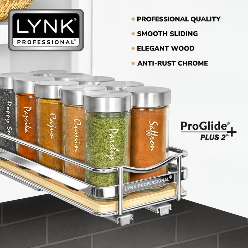 LYNK PROFESSIONAL® Élite™ Pull Out Spice Rack Organizer for Cabinet - 4-1/4 inch Wide - Lifetime Ltd Warranty, Wood - 4.3in Wood