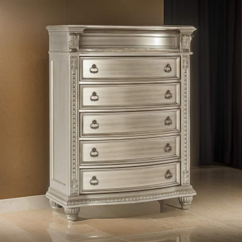 Caitlin 58 Inch Tall Dresser, Marble Top, Leaf Carving, Silver Wood