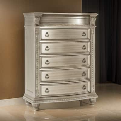 Caitlin 58 Inch Tall Dresser, Marble Top, Leaf Carving, Silver Wood