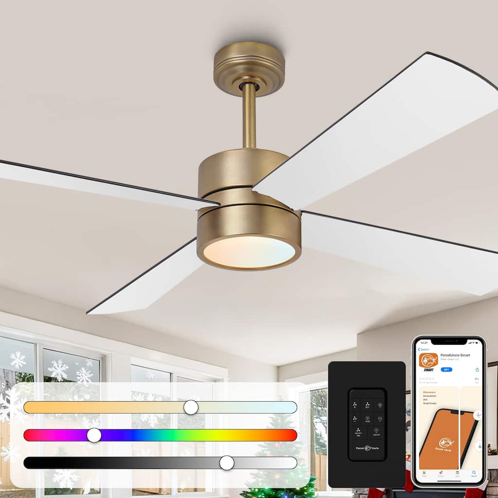 52" Black/ Distressed Brass Dimmable RGB Smart Ceiling Fan with Light and Remote, App Control