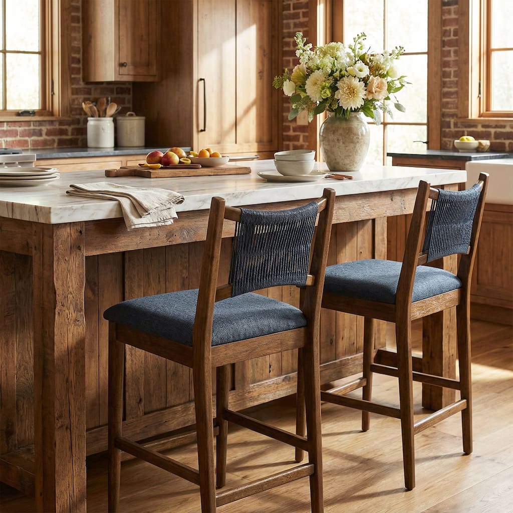 Christopher Knight Home - Arno Mid-Century Modern Upholstered Counter Stool with Woven Rope Back & Solid Wood Legs