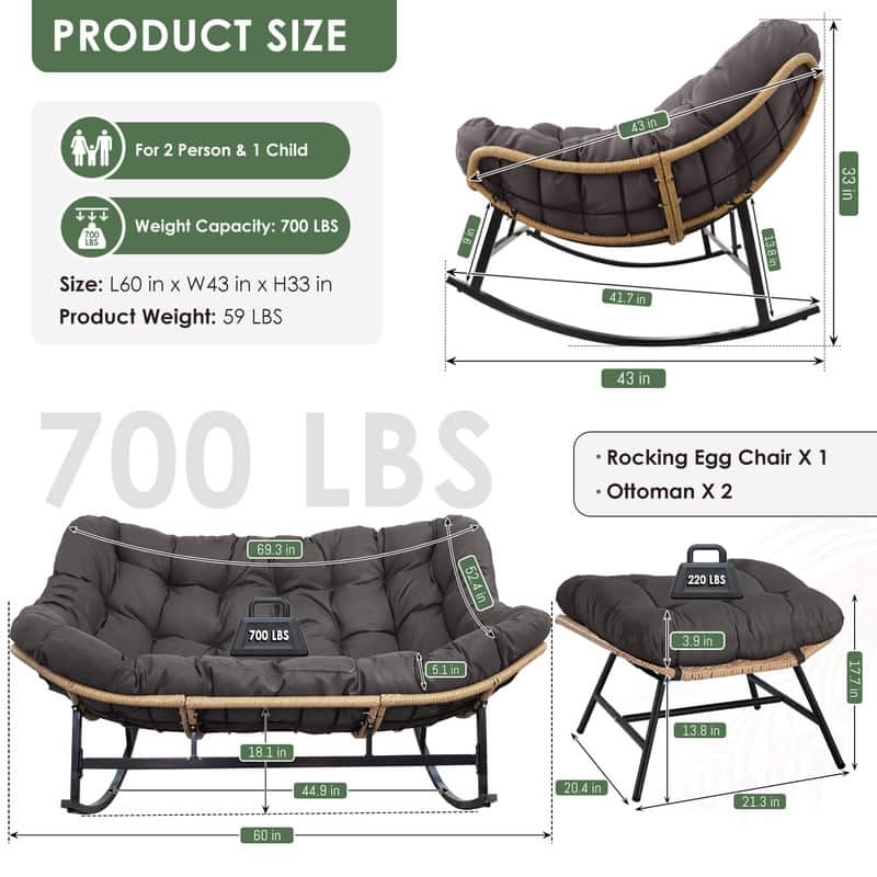 60" Double Papasan Rocking Chair for 2, 700-lb Capacity Wicker Egg Rocker with 5.1" Thick Cushion