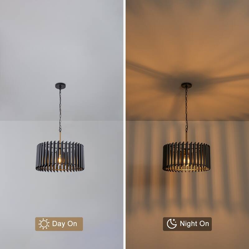 Modern Industrial Black Slatted Drum Pendant Light Fixture - Dia.19.69-in