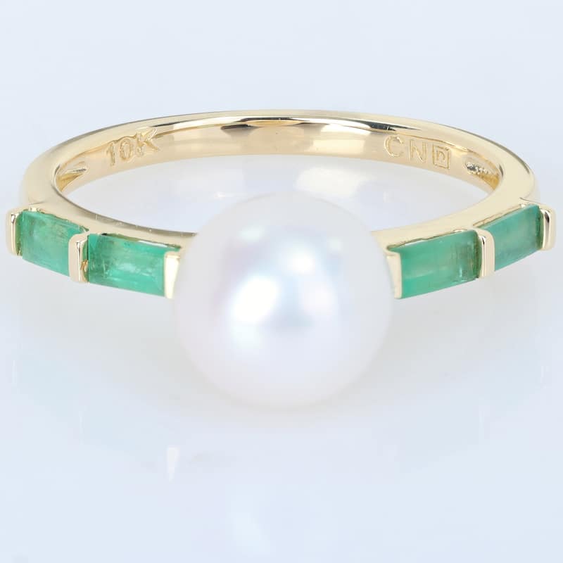 Miadora 8mm Cultured Freshwater Pearl 1/2ct TGW Baguette Emerald Ring 10k Yellow Gold