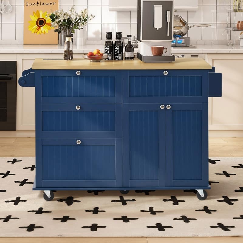 50.3" Farmhouse Kitchen Island with Drop Leaf Tabletop and 2 Dining Stools, Kitchen Cart Set with Storage and Power Outlet