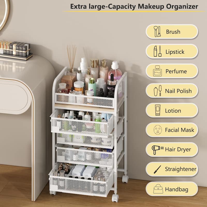 Anmytek White Makeup Organizer with 4 Drawers Wheels and Nameplates Floor Skincare Storage Vanity Cosmetic Holder