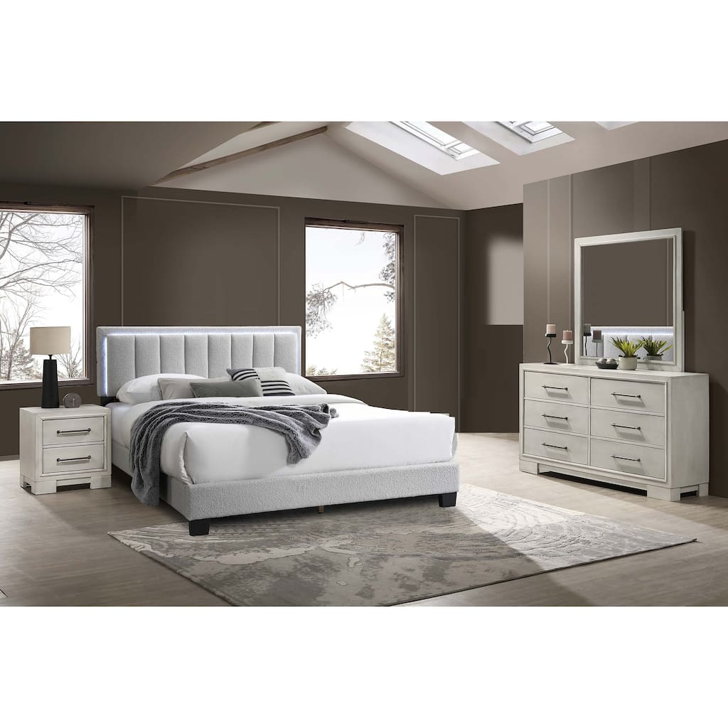 Modern Style 4pc Bed Dresser Mirror Nightstand Set Squared Legs Silver Handles Light Gray Finish Bedroom Furniture