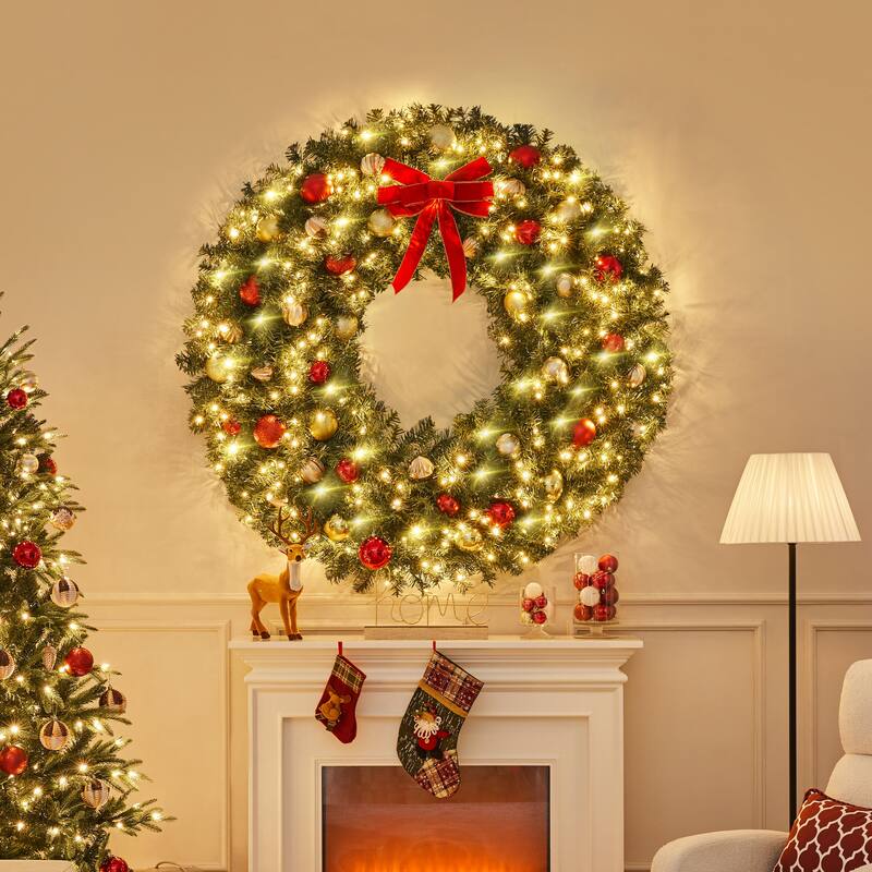 Yaheetech 60in Pre-lit Christmas Wreath Holiday Decoration with 300 LED Lights & 1026 Tips - 5ft - Green - 5ft