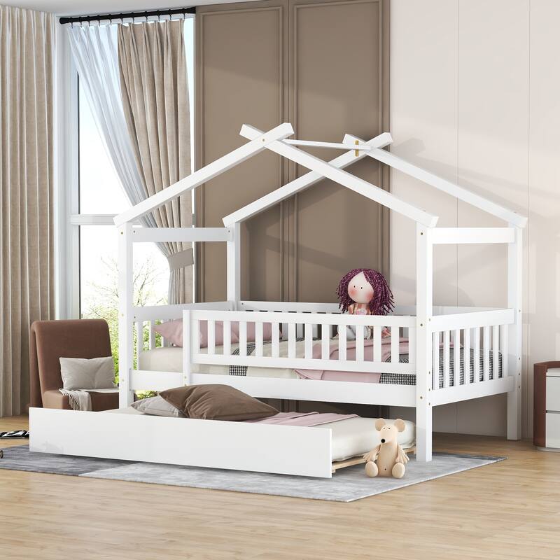 Montessori Bed House Bed with Trundle Bed and Headboard, Wood Daybed Platform Bed Frame No Box Spring Needed for Boys Girls - White - Twin