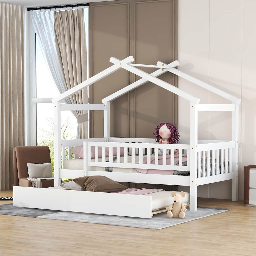Twin Size Pine Wood House Bed with Twin Size Trundle, Full-Length Guardrail