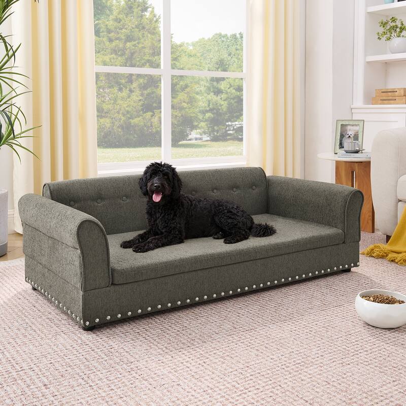 Oversized Pet Sofa, Elegant Modern Linen Fabric Elevated Dog Sofa Bed, Oversized Rectangular Pet Bed with Backrest & Armrest