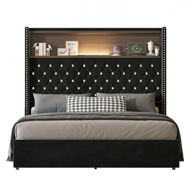 Full Size Tufted Soft Bed Frame with USB Port and Night Light