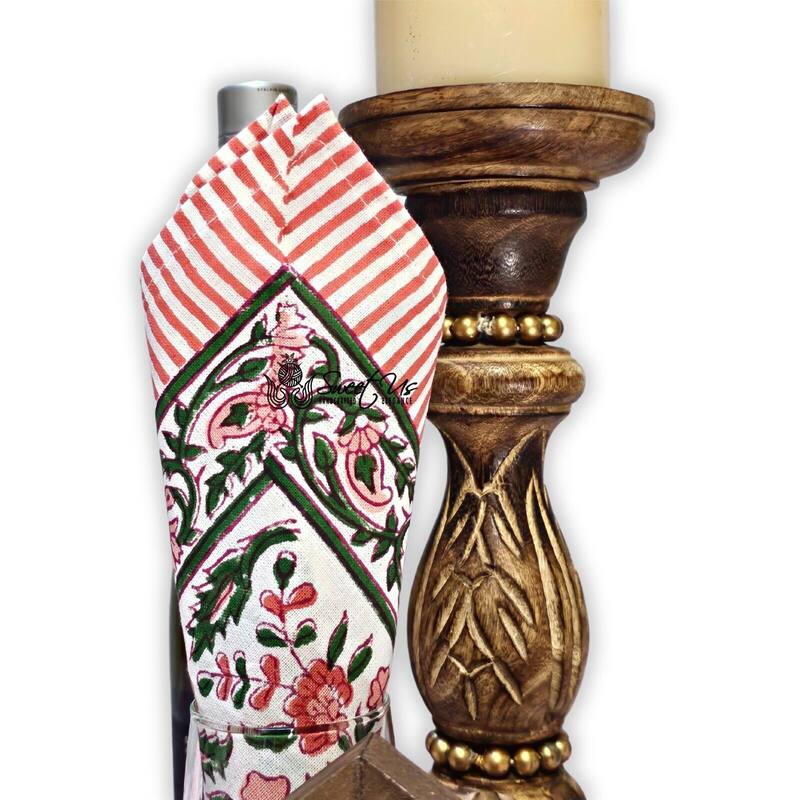 Cotton Floral Block Print Tablecloth Collection - Set of 4 Napkins - Rose Pink