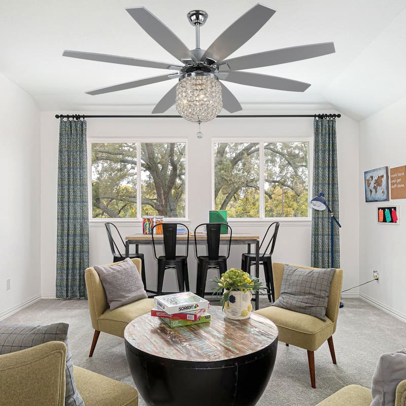 Oaks Aura 65 Inch Chrome Crystal Ceiling Fan with Light and Remote DC Motor