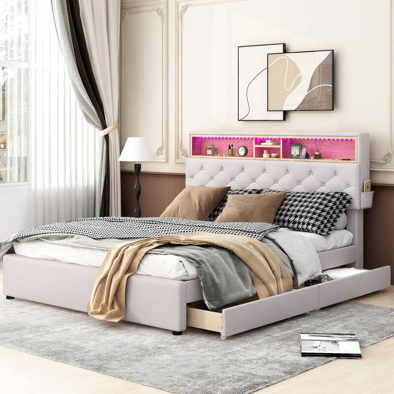 Queen Size Upholstered Platform Bed with Storage Headboard, LED, USB