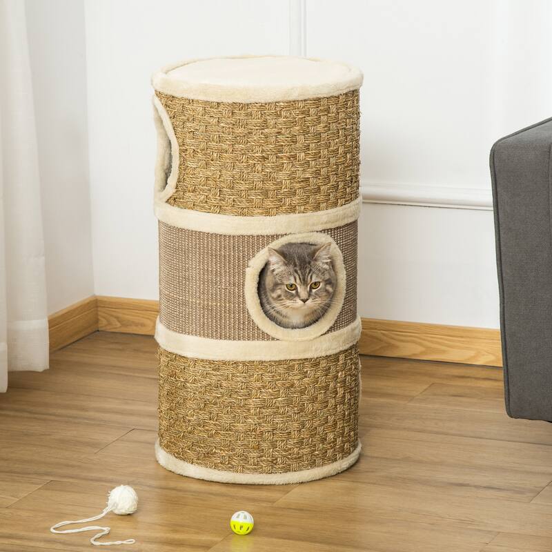 28 Inch Cat Condo, 3 Story Cat Hideaway with Sisal Scratching Pad, Barrel Shaped Small Cat Tree for Indoor Cats - khaki