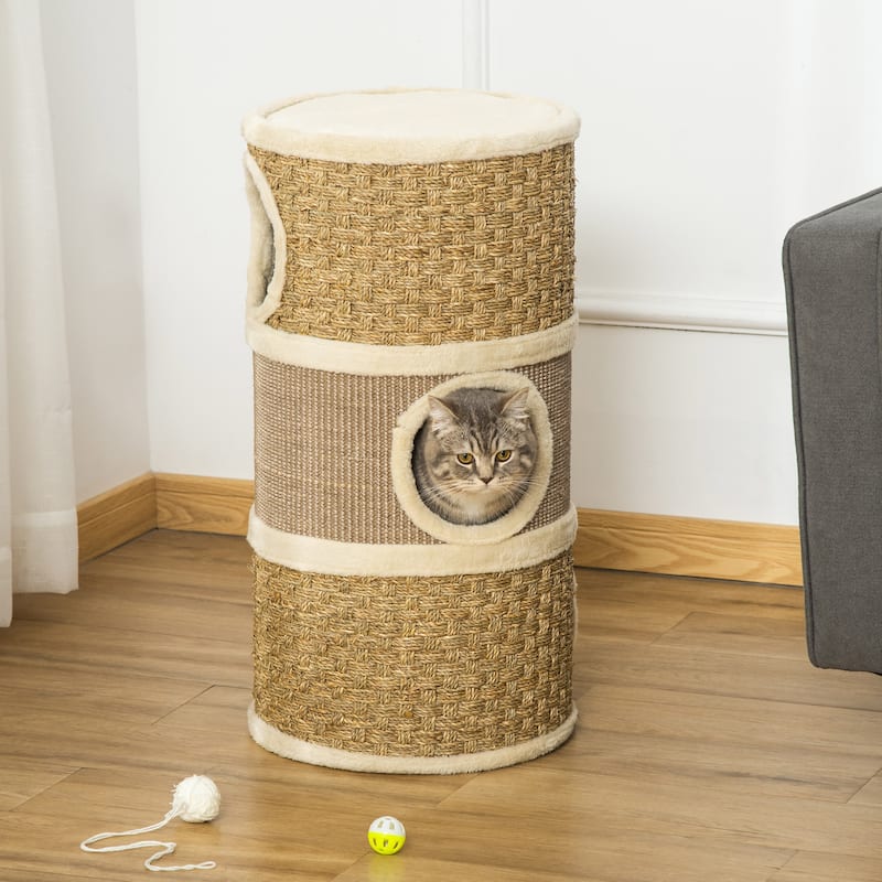 PawHut 28 Inch Cat Condo, 3 Story Cat Hideaway with Sisal Scratching Pad, Barrel Shaped Small Cat Tree for Indoor Cats