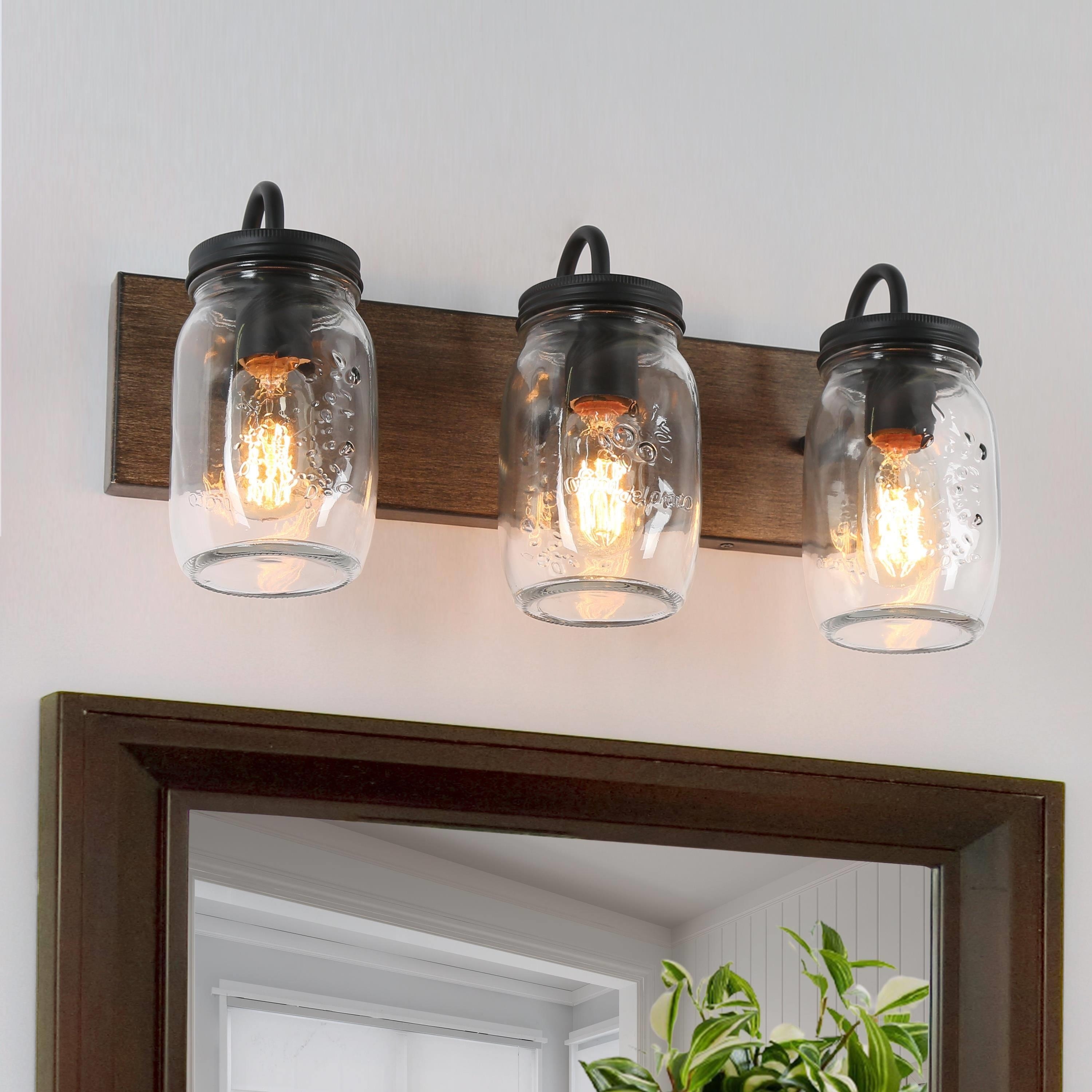 Modern Farmhouse Mason Jar 3 Light Bathroom Vanity Lights Glass Wall Sconces 18 L x 9.5 W x 8 H Black