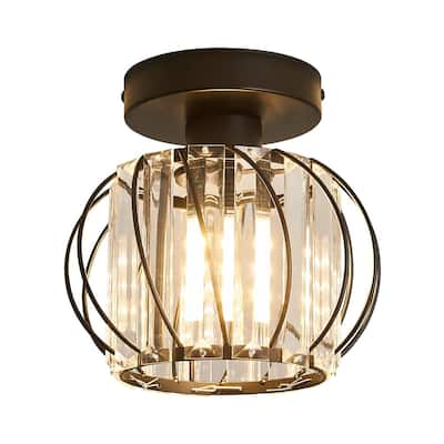 YANSUN 7.09 in. 1-Light Modern Black Semi Flush Mount Ceiling Light Fixture with Clear Crystal Cage Shade