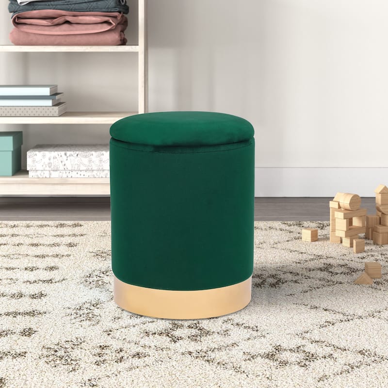 Adeco Round Storage Ottoman Footrest Stool Velvet Gold Plating Base - Green