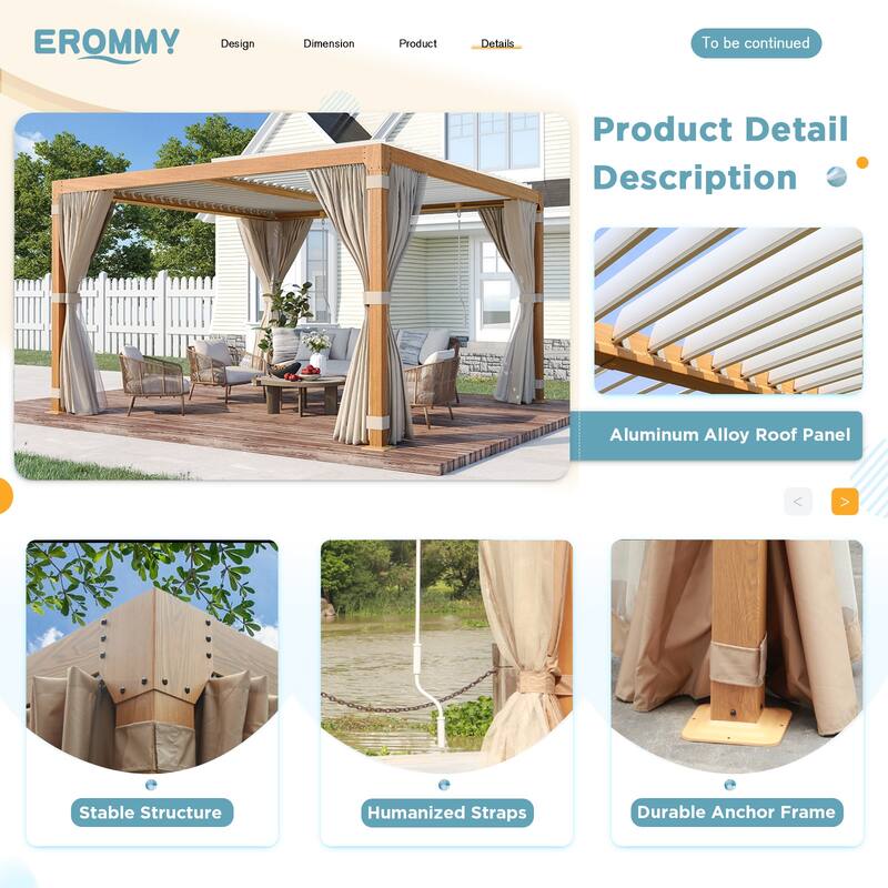 Outdoor Louvered Pergola, Outdoor Patio Hardtop Gazebo, Adjustable Metal Roof Curtains and Netting Included
