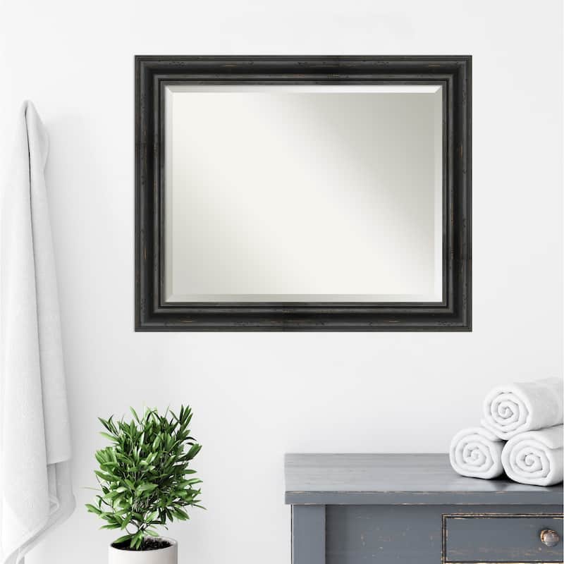 Beveled Wood Bathroom Wall Mirror - Rustic Pine Black Frame