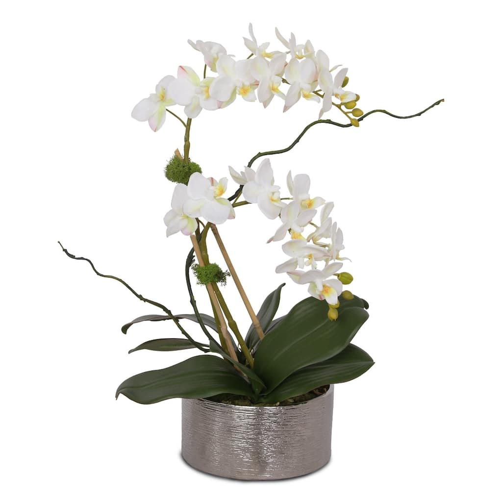 Real Touch White Orchid Flower Arrangement in Round Silver Ceramic Pot - 10W x 8D x 15H