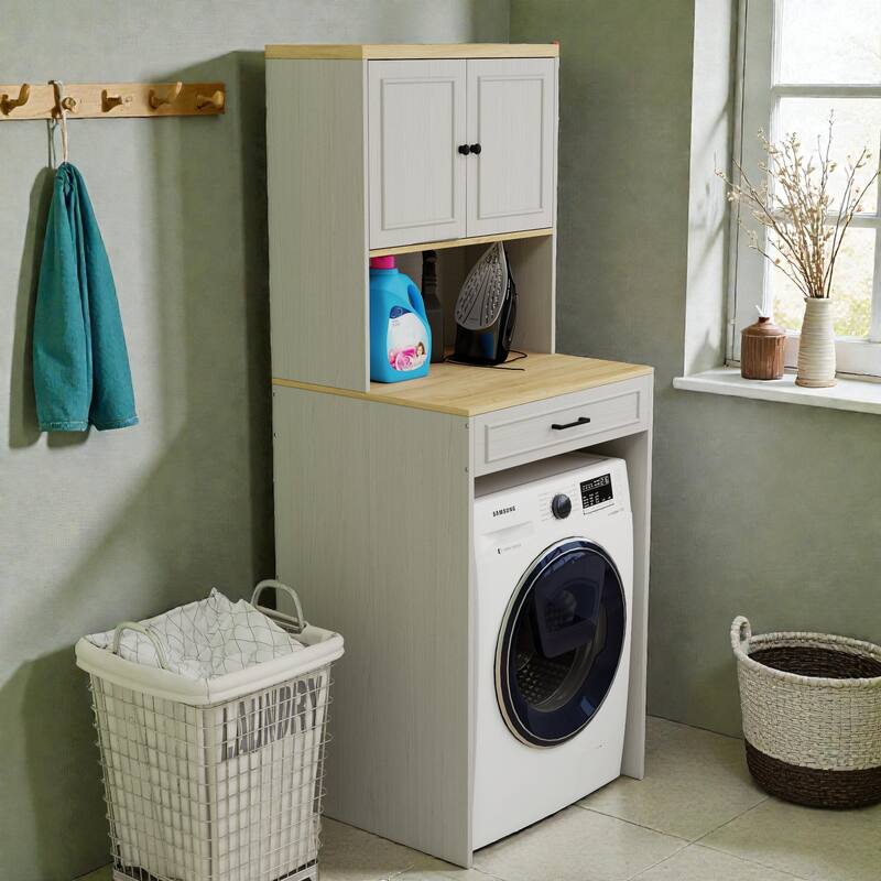 Over-the-Washer and Dryer Storage Cabinet with Adjustable Shelf, Fake Drawer Design, Laundry Room Organizer