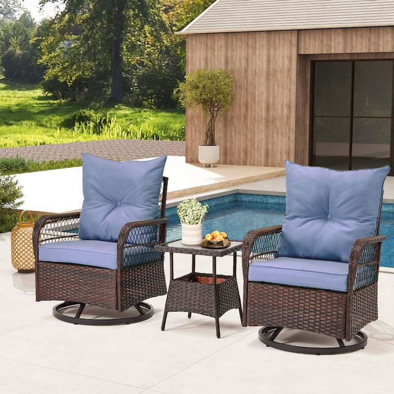 3-Piece Outdoor Rocking/Swivel Chair Set - PE Rattan Patio Furniture with Cushions & Coffee Table, Rocker Chairs for Backyard