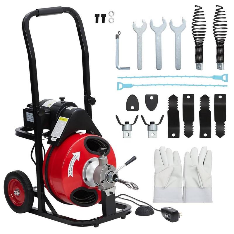 Auto Feed 100 FT x 3/8 in Drain Cleaner Machine with 370W Motor for 1"-4" Pipes - Red