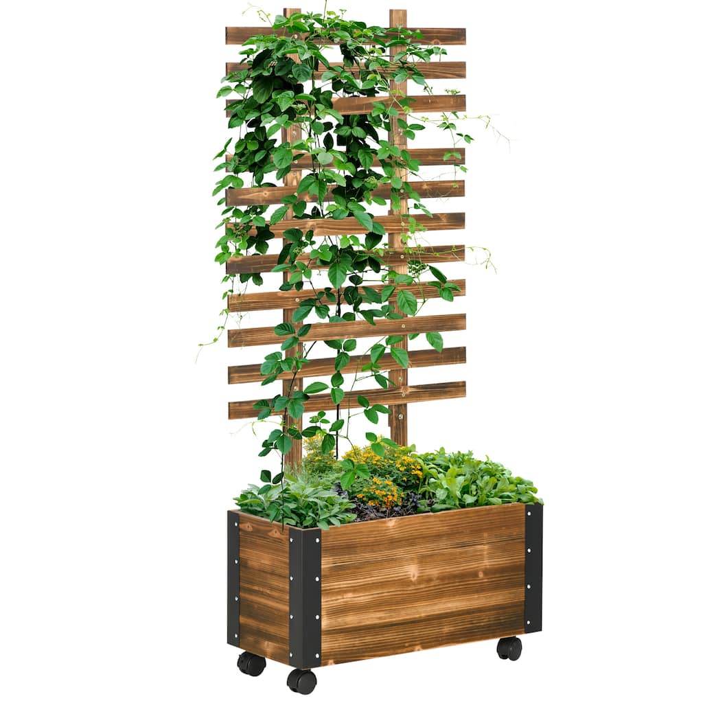 Countryside Style Garden Bed with Trellis, 4 Wheels for Vine Plants Flowers Climbing and Planting, Brown - 8' x 10'