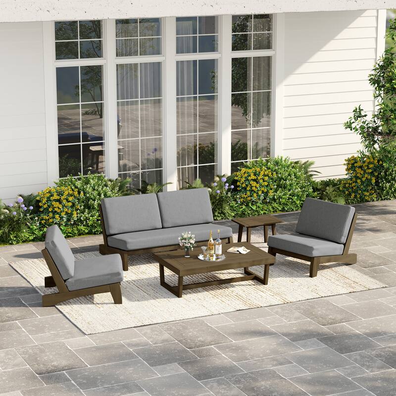 Casual Teak Wood 5-Piece Outdoor Patio Conversation Set